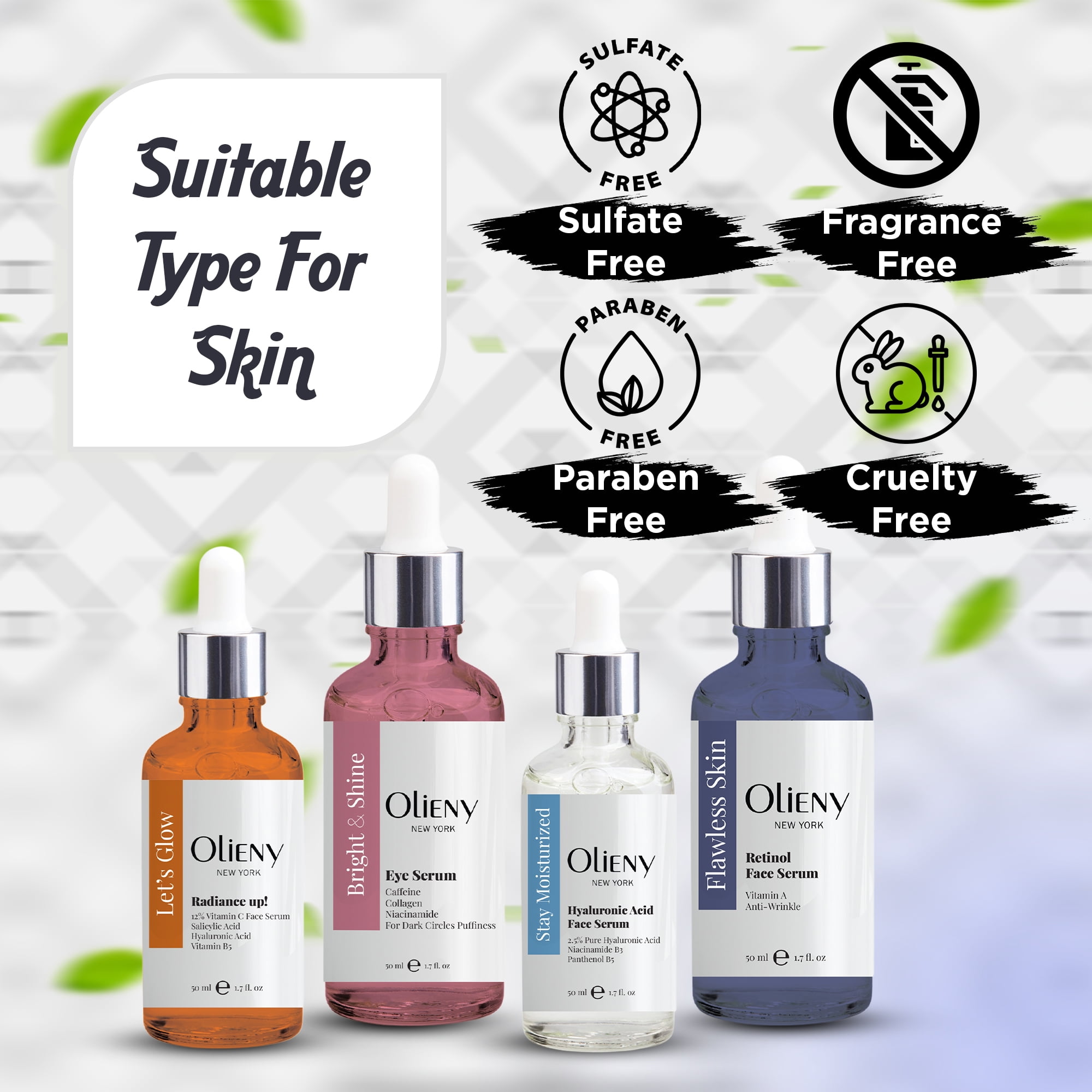 Olieny Hyaluronic Acid, Retinol, Vitamin C Face and Eye Serum for Dark Circles and Puffiness, 4 Pack