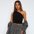 thumbnail image 4 of Blusa Asimétrica de Punto Fruncido con un Hombro Al Descubierto para Mujer, Estilo Y2K, Verano 2025 Negro XS, 4 of 9