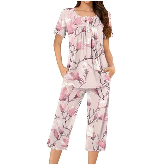 Jamicy Home Clothes for Women Set Fashion Casual Loose Printed Round Neck Short Sleeve Button Capri Pants Comfortable Ladies Pajamas Set