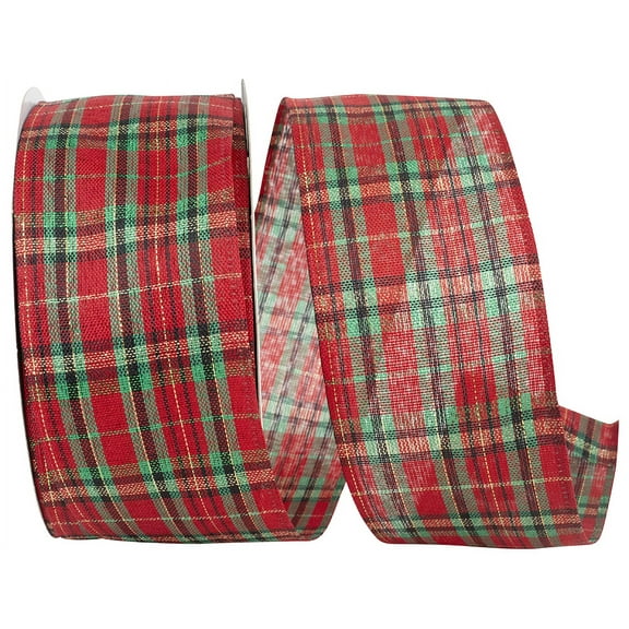 Wire Edged McKenzie Red, Green and Black Sheer Plaid Christmas Ribbon 2 1/2" 10 Yards