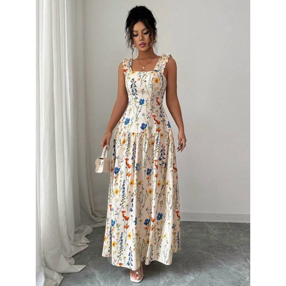 Apricot Womens Floral Printed Fit-And-Flare Maxi Dress With Ruffle Shoulder Straps