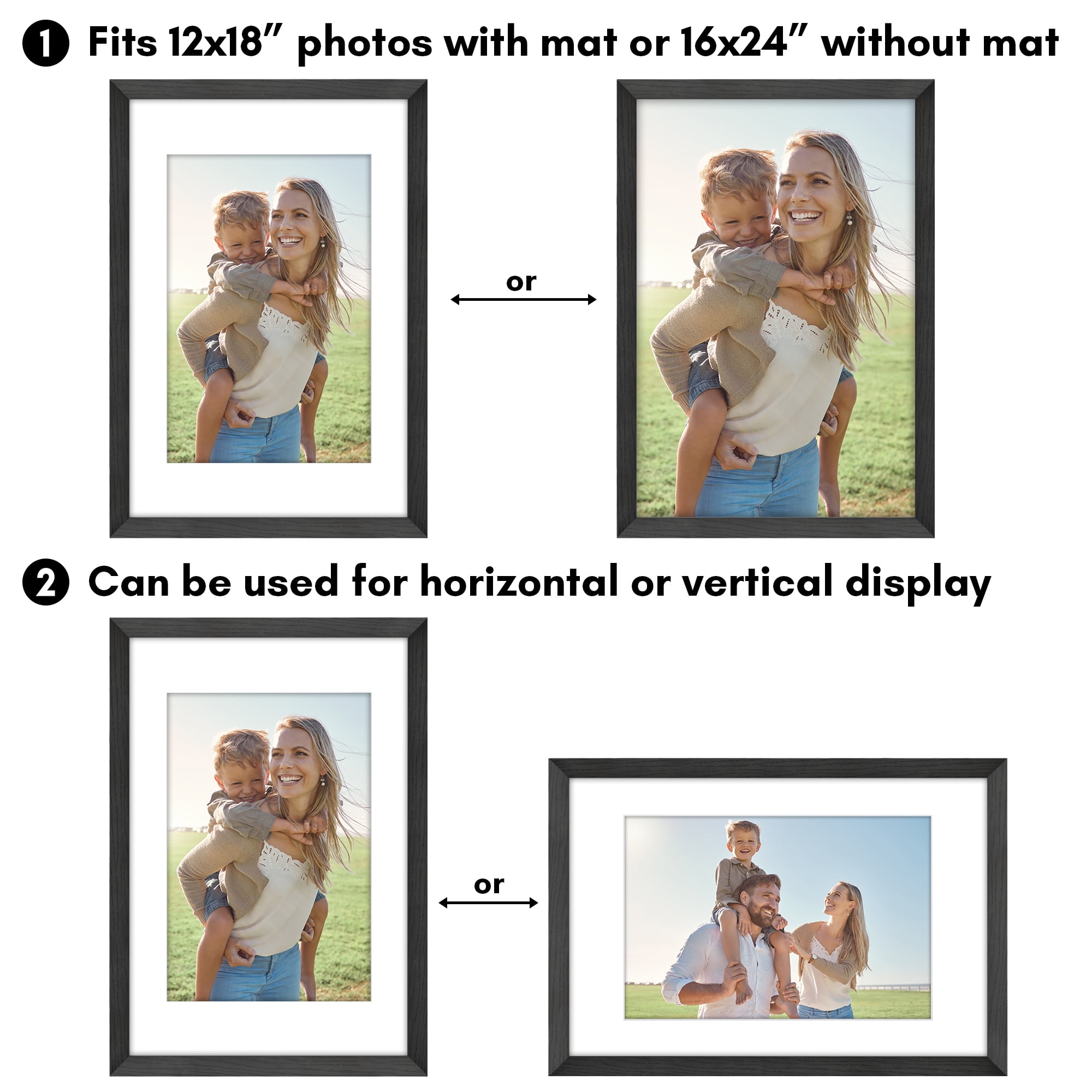 Americanflat 16x24 Poster Frame with Polished Plexiglass with 12x18 Mat Display Photo Hudson Wide - Black