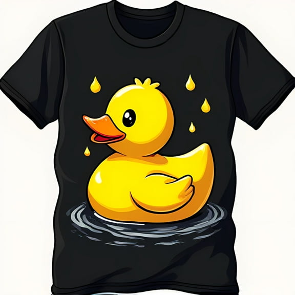 Fun Black T-Shirt with Cartoon Yellow Rubber Ducky Graphic & Raindrops