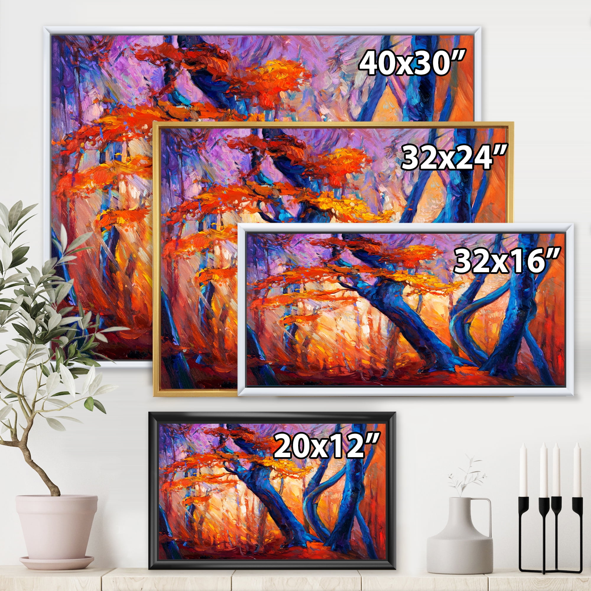 Abstract Blue Silhouettes Of Trees In Orange Autumn Forest 40 in x 30 in Framed Painting Canvas Art Print, by Designart