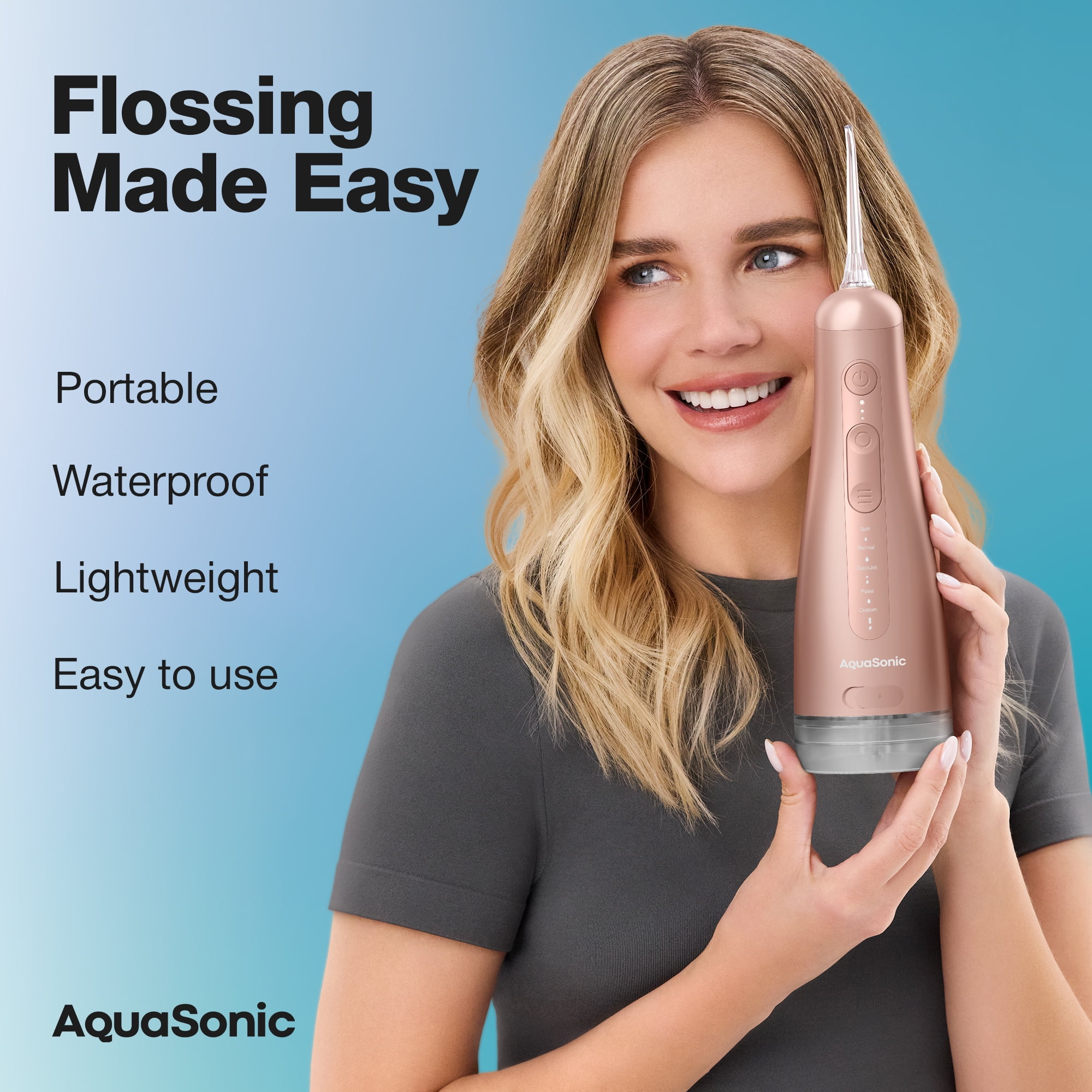 AquaSonic Precision Rechargeable Cordless Water Flosser with Travel Bag and 2 Standard Flossing Tips - Rose Gold