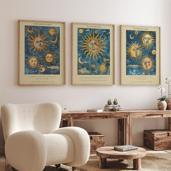 Luvia Celestial Sun And Moon - Bohemian Cosmic Energy Set Of 3 Posters - Retro Astrology- Inspired Prints, Modern Wall Decor Set 3 Prints 8x12 UNFRAMED