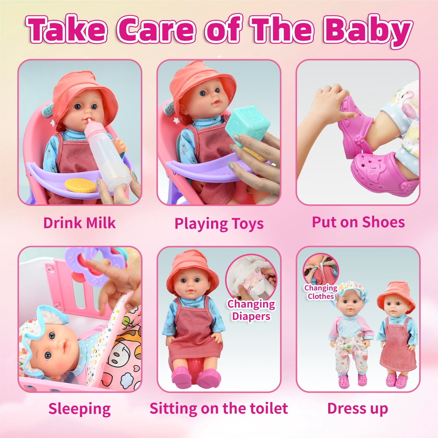 LINXUXIE Baby Doll Crib and High Chair Set, Kids Interactive Pretend Play Toys, Birthday Gifts for 1-3 3-5 5-8 Year Old