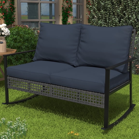 Ainfox Outdoor Patio Furniture Rocking Loveseat, Wicker Rattan Sofa,Grey