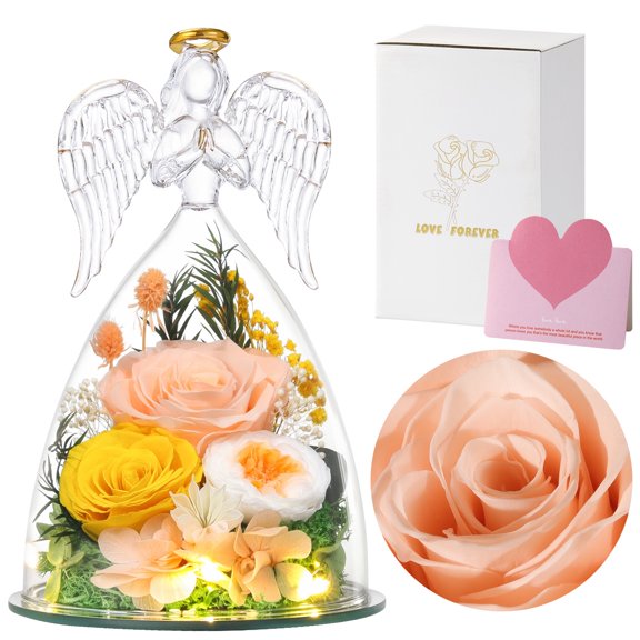 Emibele Preserved Real Rose in Glass Angel Figurines, Eternal Purple Rose Gift Flower with LED Lights for Women Mom Wife Her Grandma Anniversary Valentine Mother's Day,Champagne