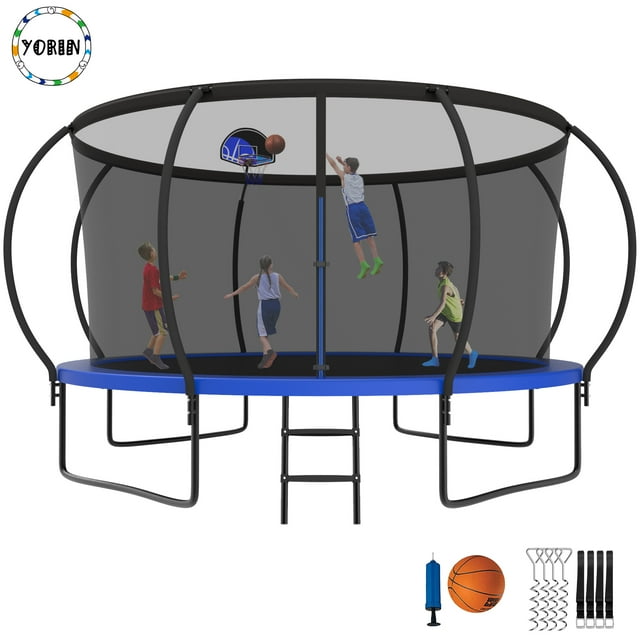YORIN Trampoline pour Enfants de 7 à 8 Ans, Trampoline de 14 Pi pour Adultes avec Filet de Protection, Panier de Basketball, Échelle, Capacité de Poids de 1400 Lb, Trampoline Récréatif Extérieur, Trampoline Robuste