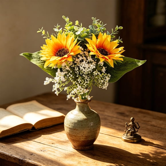 Ramo artificial de girasoles con paniculata y follaje verde – Arreglo floral artificial para decoración del hogar, centro de mesa y exhibición en interiores