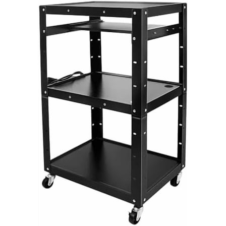 AV Presentation Cart Stand with Power Outlets & 12ft Cord – Heavy-Duty Rolling Cart for Projector, TV, Laptop, Printer – Adjustable Shelves, 4 Wheels, Metal Construction – Black (Max Load 150lbs)