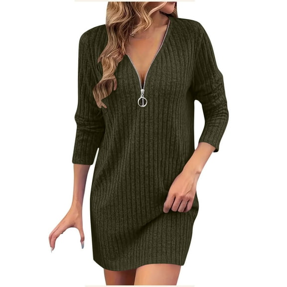 2025 Trendy Women's Knit Long Sleeve Sweater Dress Casual Half Zipper V Neck Tunic Dresses Fall Trendy Outfits