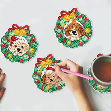 4pcs DIY Diamond Painting Coaster Kit with Christmas Happy Puppy Design and Stand, Perfect for Home Decor and Gift Giving