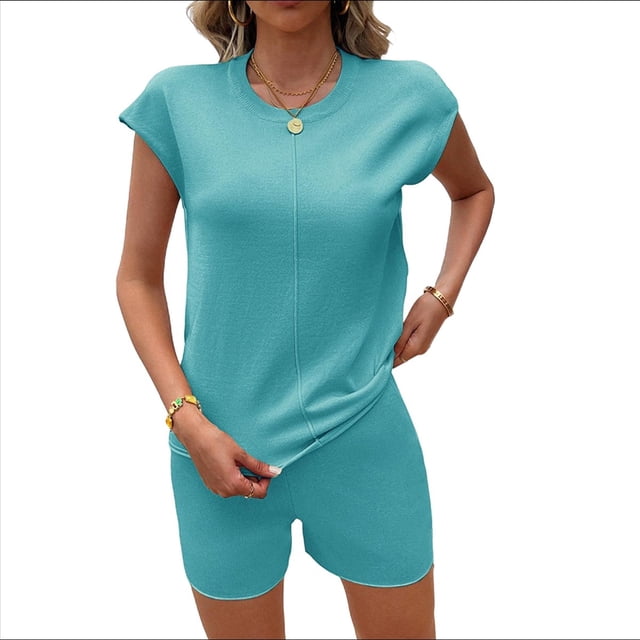 Conjunto de Pijama de Dos Piezas para Mujer, de Punto, con Mangas y Suéter Suave Azul XL