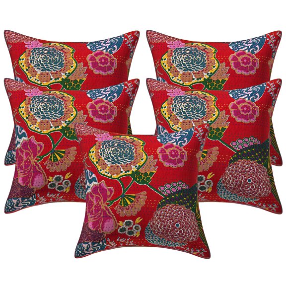 Stylo Culture Ethnic Sofa Throw Pillow Covers 16x16 Kantha Red Printed 40 x 40 cm Bedroom Decor Pillowcase Cotton Tropicana Square Cushion Covers | Set Of 5