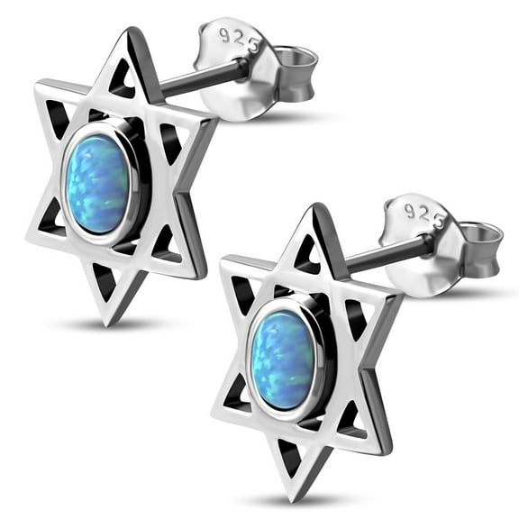 925 Sterling Silver Blue Simulated Opal Jewish Star of David Stud Earrings