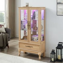Lighted Curio Cabinet with 3 Adjustable Shelves,  Elegant Glass Display Cabinet with 2 Doors, and 1 Drawer  for Living Room, Light Oak
