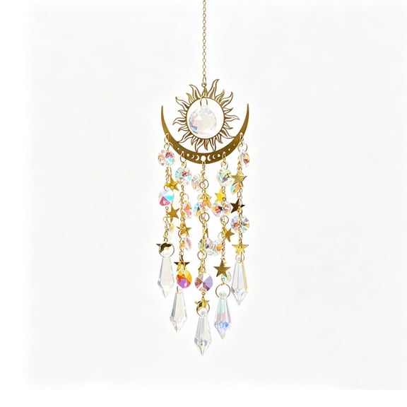 Sun and Moon Crystal Suncatcher, Boho Rainbow Maker Wind Chime, Dream Catcher Hanging Ornament, Indoor Outdoor Window Garden Home Decor, Unique Gift for Women Mom Friends
