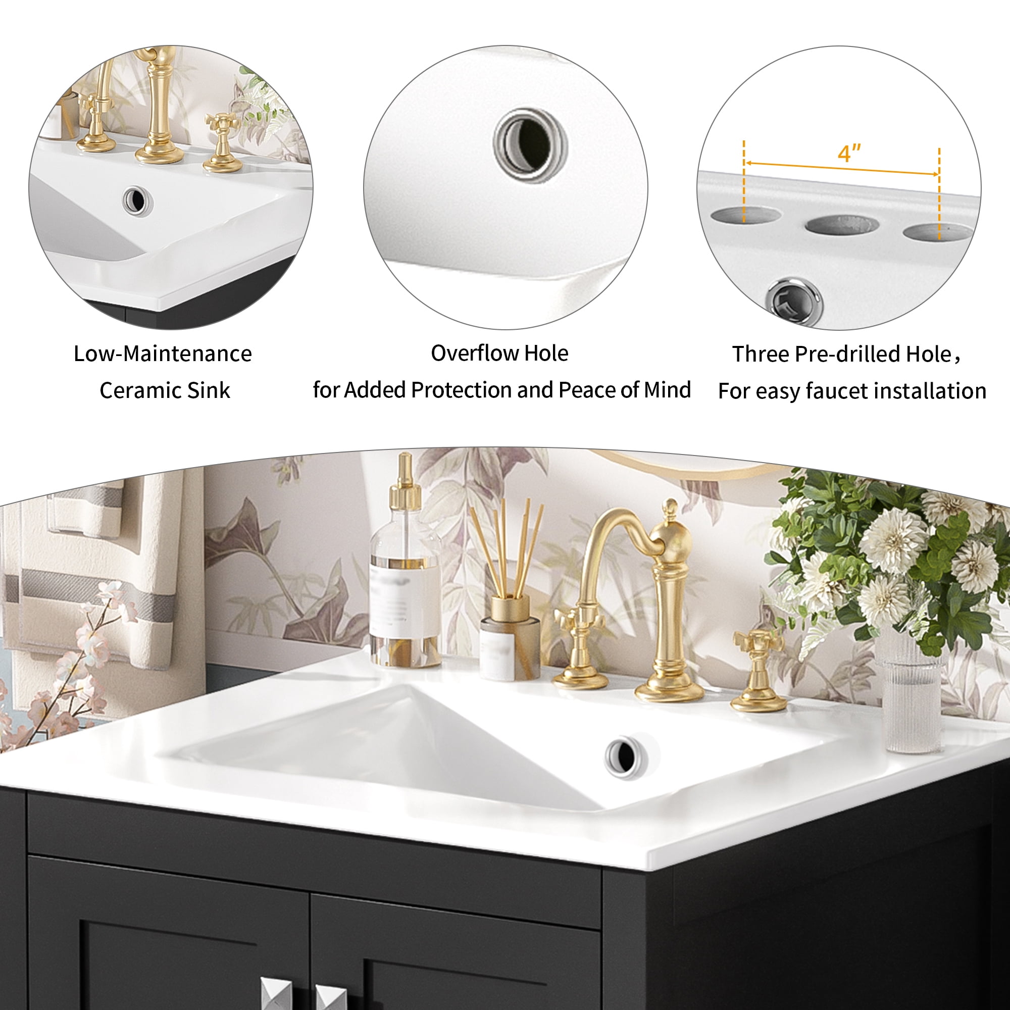 Euroco 48-Inch Bathroom Vanity with Integrated Undermount Sink, Storage Cabinet, Soft-Close Doors, Divided Drawer, and Double-Layer Door Shelf for Versatile Storage