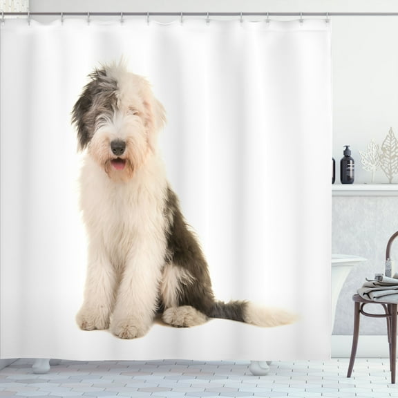Ambesonne English Sheepdog Shower Curtain, Sitting Bobtail, 69"Wx84"L, Champagne Taupe