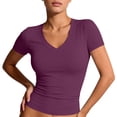thumbnail image 2 of Womens Basic V Neck Short Sleeve Spring T Shirts Slim Fit Crop Y2k Tee Summer Gym Workout Cute Top Purple M, 2 of 7
