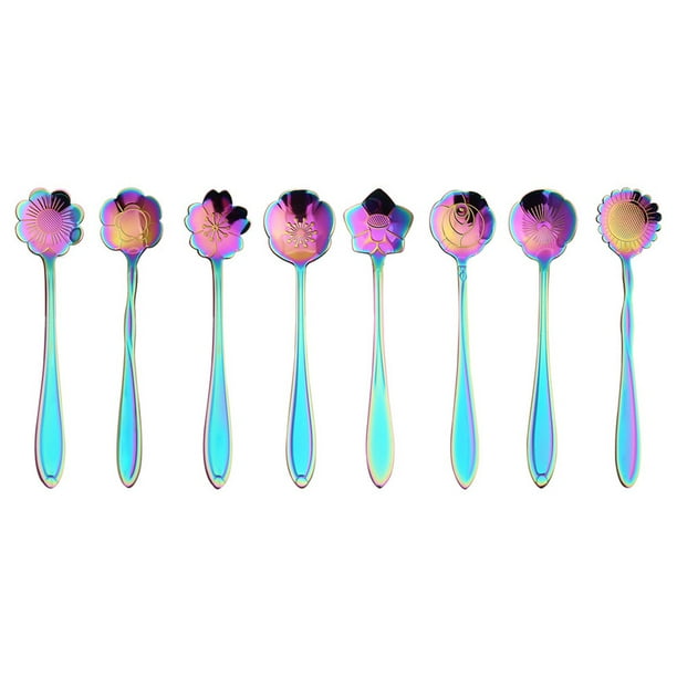 Juego de cucharas de flores - 8 piezas Cucharadita Color del arco iris para café Té Mezclar Azúcar Helado Revolver Cucharas - 8 Diffient Pattern Colorful Mini Cubertería Fason WMPH-944