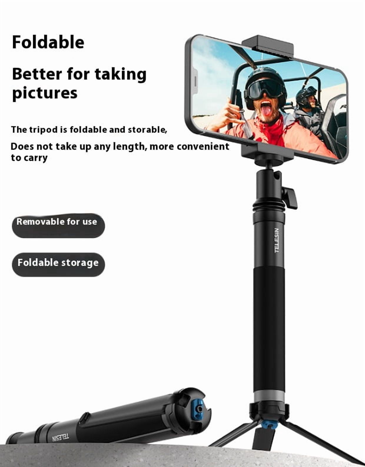 Aluminum Alloy Travel Tripod Stick - Bigcan Extendable Selfie Stand with Phone Mount and 1/4 Screw Adapter for Camera Action Cam Vlog Recording