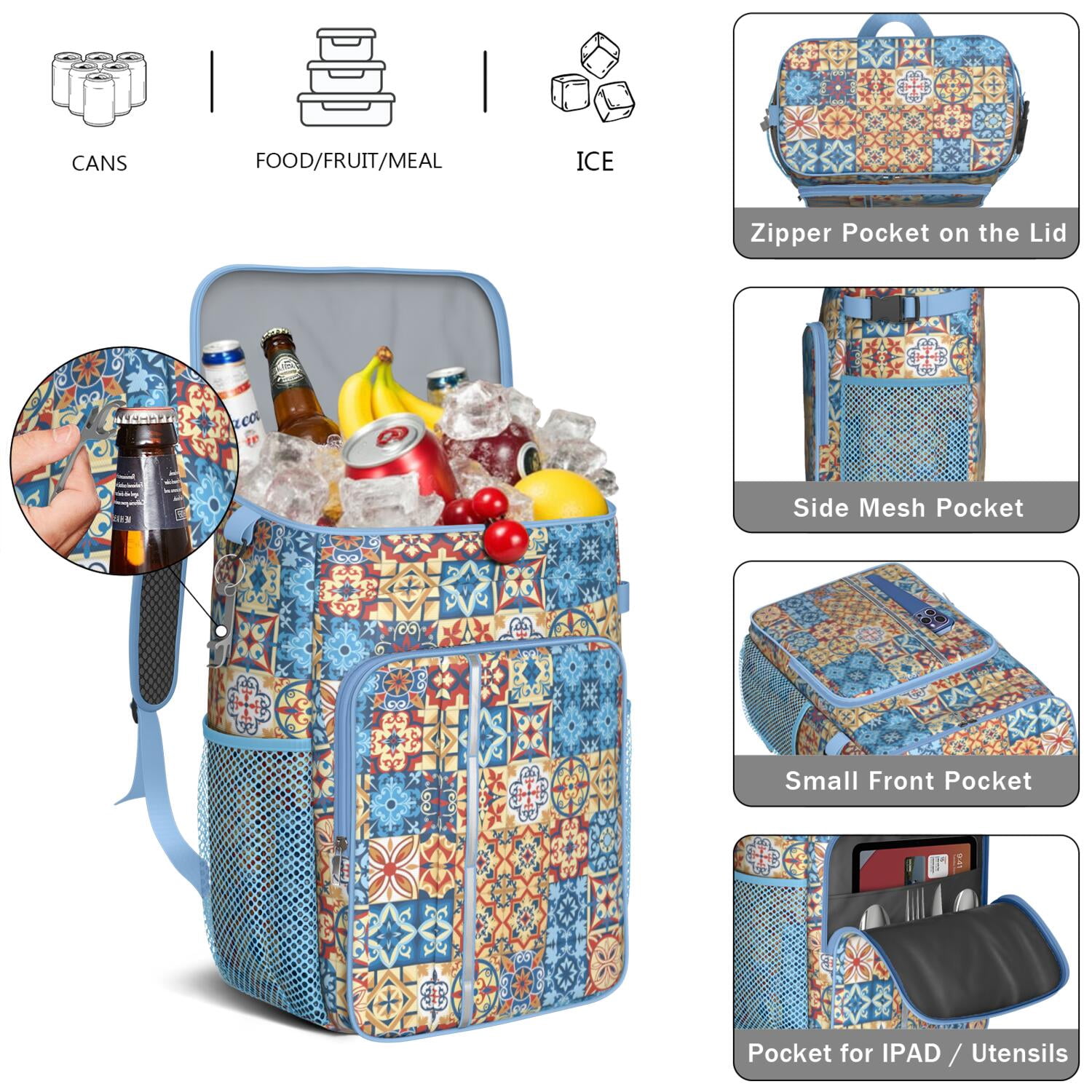 Travel Cooler Bag - Boho Bohemia Flower Camping Beer Cooler Backpack with Bottle Opener- Waterproof Insulated Picnic Backpacks - Cooler Bag for Beach