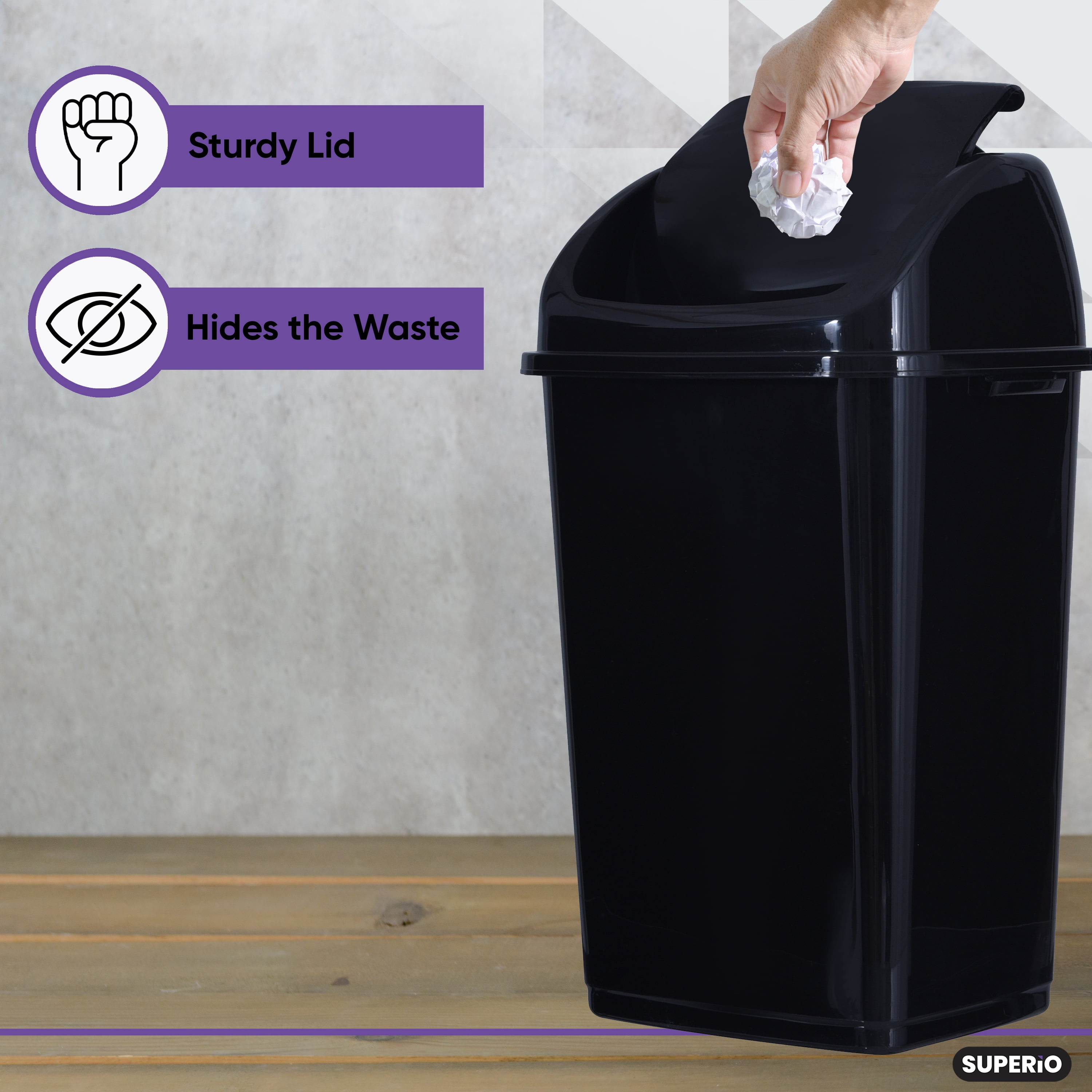Superio Large Kitchen Trash Can 13 Gallon Black Swing Top Trash Can with Lid, 52 Qt