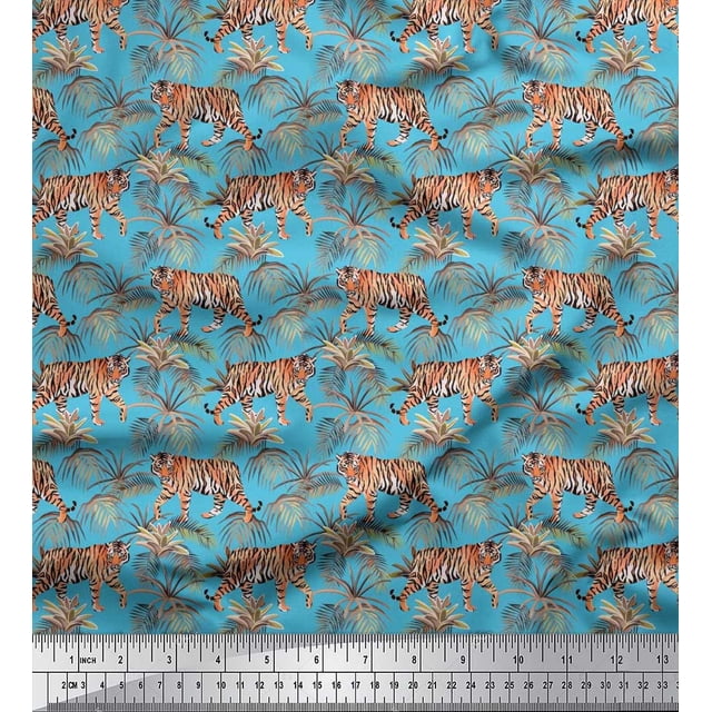 Soimoi Modal Satin Fabric Leaves & Tiger Jungle Print Sewing Fabric Yard 42 Inch Wide
