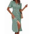 thumbnail image 3 of Womens V Neck Short Sleeve Solid Color Casual Dress Summer Chic Midi Dress Light Green L, 3 of 6