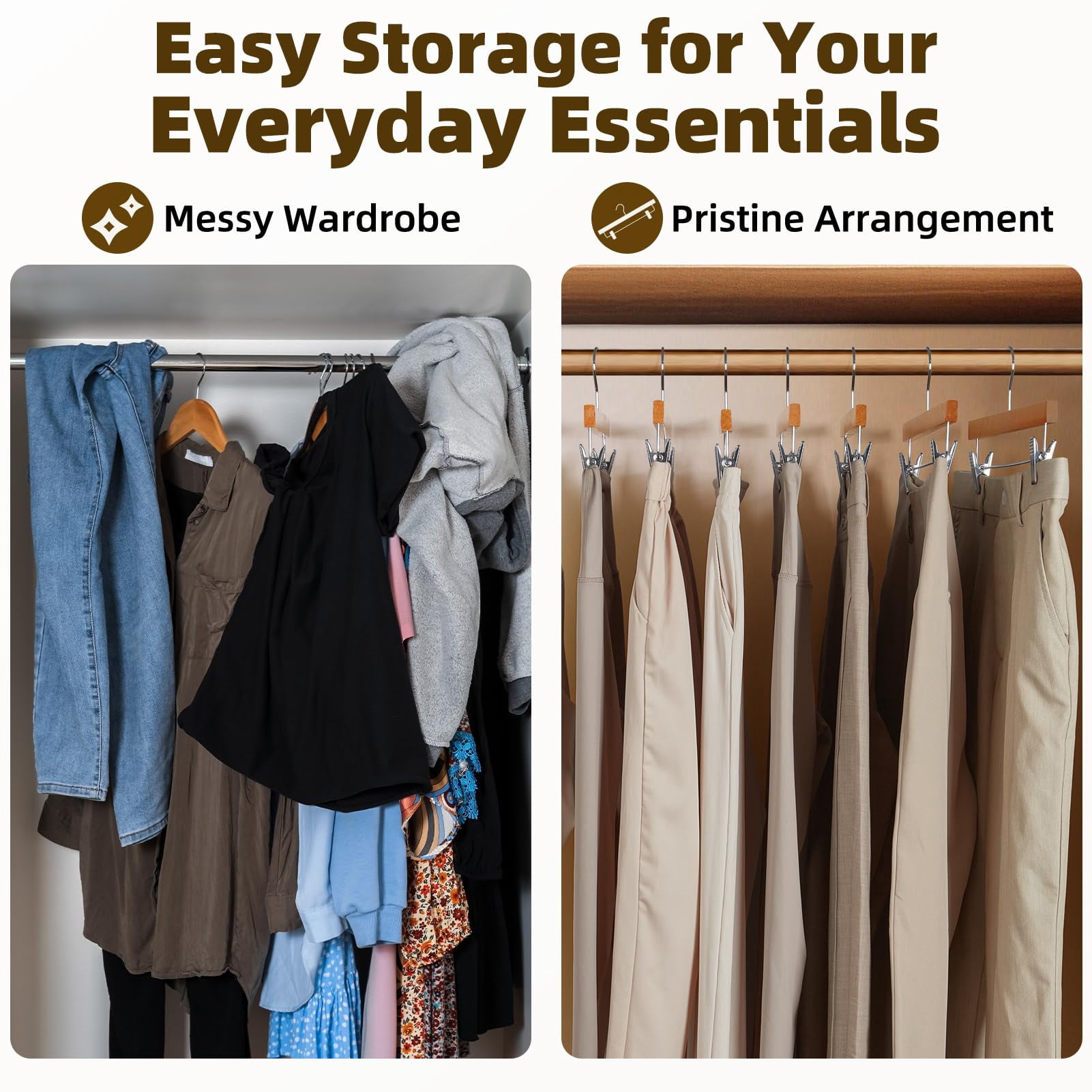 ACSTEP Wooden Pants Hangers with Clips 25 Pack 14 Inch, Wood Skirt Hangers for Women, Solid Wood Pants Hangers with 360 Swivel Hook - Natural