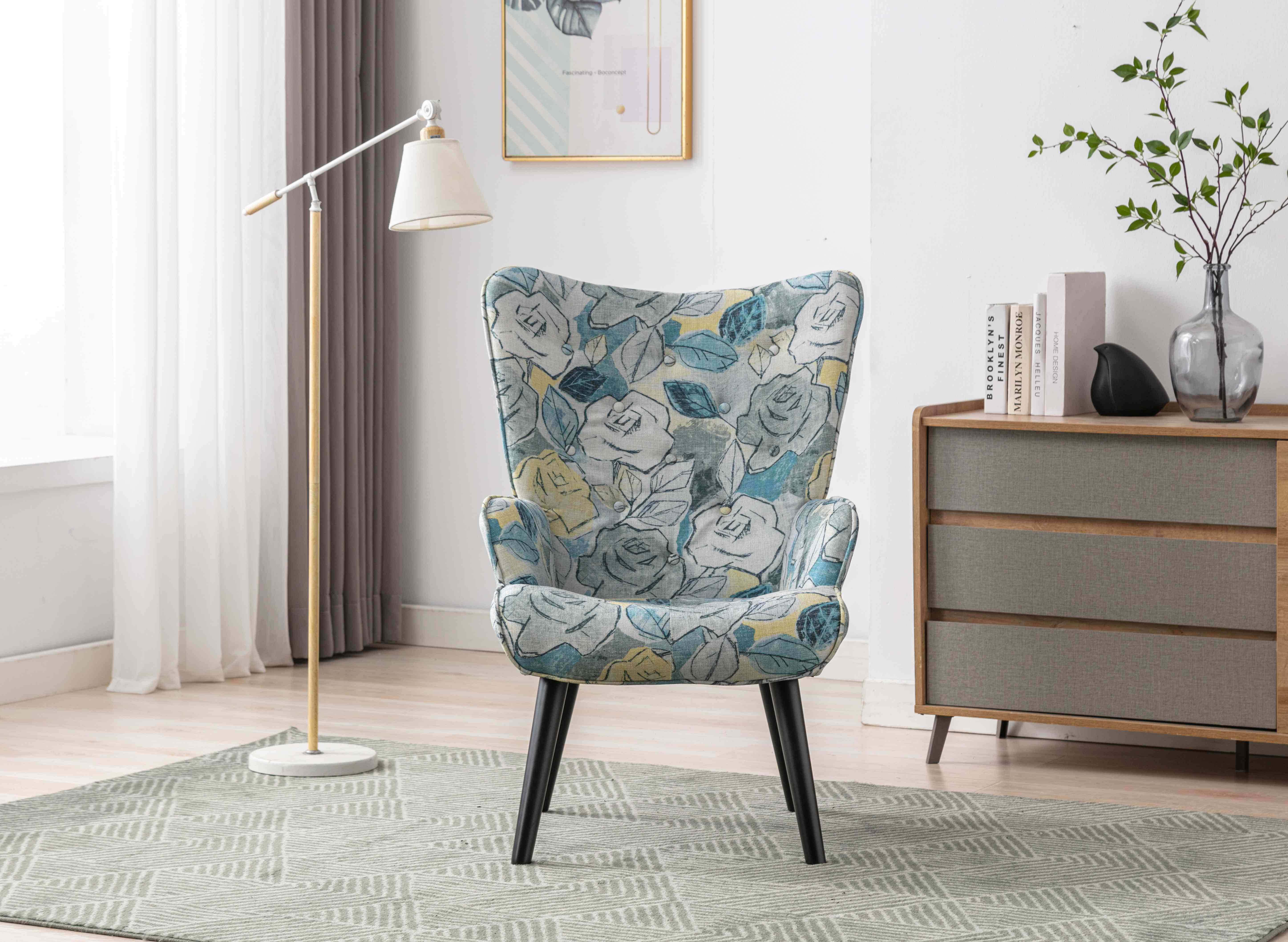 Polyester Fabric Accent Chair, Tufted Button Wingback Chair with Arms