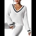 thumbnail image 3 of Suéter Holgado de Punto A Rayas de Larga para Mujer, Estilo Preppy, para Otoño e Invierno, con Cuello en V L, 3 of 8