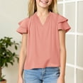 thumbnail image 2 of Taqqpue Girls Ruffle Short Sleeve T Shirts Kids V Neck Casual Shirts Pleated Flowy Solid Color Loose Fit Blouse Cute Fashion Tees Tops 5-14 Years, 2 of 9