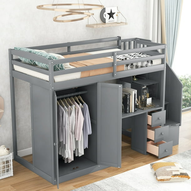 Bellemave Twin Size Loft Bed with Wardrobe and Staircase, Desk and