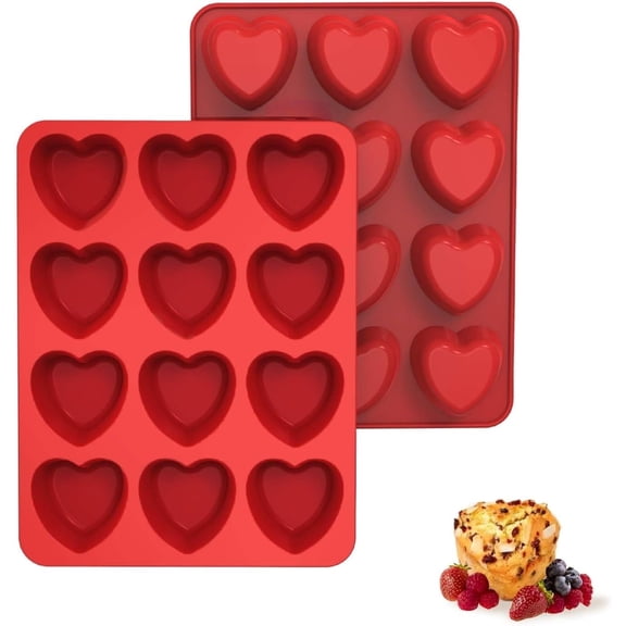 Silicone Heart Muffin Pan (2 Pack) - Nonstick Silicone Molds for Baking, Cupcake Pan for Brownies, Tartlets and Egg Bites