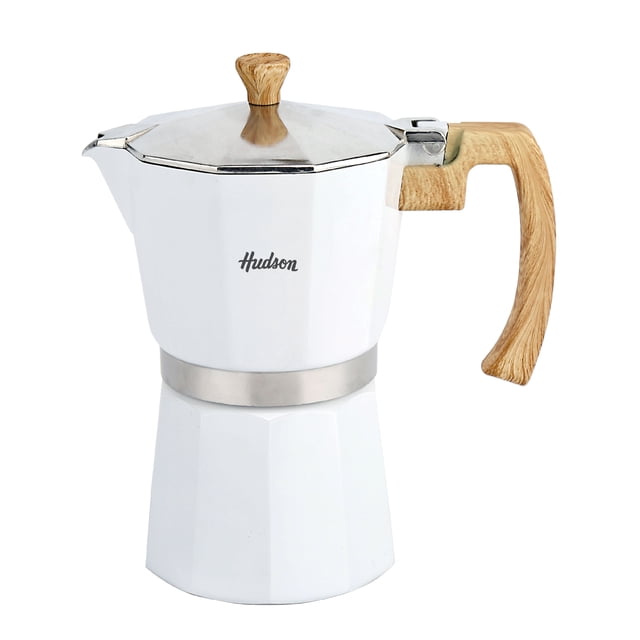 Cafetera Italiana De Aluminio, Doble Filtrado Espresso Moka Pot Clásica Fácil de Limpiar, Filtro Reutilizable, Compatible con Gas, Eléctrica y Cerámica, 6 Tazas 250 ml, Color Blanco
