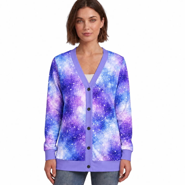 E-Macom Ltd Cosmic Nebula Cardigan, Purple Blue Galaxy Pattern Button ...