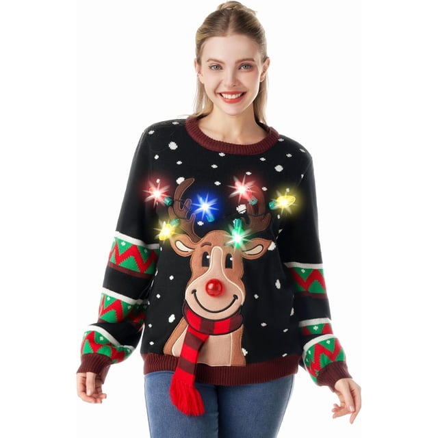 JOYIN Womens LED Light Up Reindeer Ugly Christmas Sweater Built-in Light Bulbs