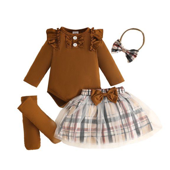 Tisuna Girls Fall Outfit Set Kids Comfortable Long Sleeve Crew Neck Plaid Print Romper And Skirt Headband Socks Outfits Children'S 4 Pieces Casual Wear Clothes Set Size 9-12 Months