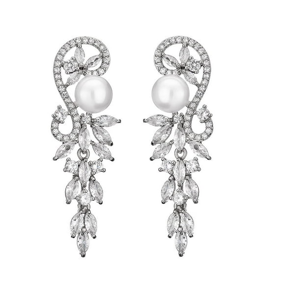 PYNZY Wedding Pearl Dangle Earrrings for Brides, Cubic Zirconia Flower Drop Earrings for Women Plated White Gold