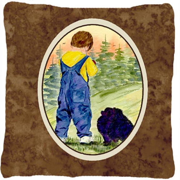Little Boy with his Pomeranian Decorative Fabric Pillow - 14 x 14 in.