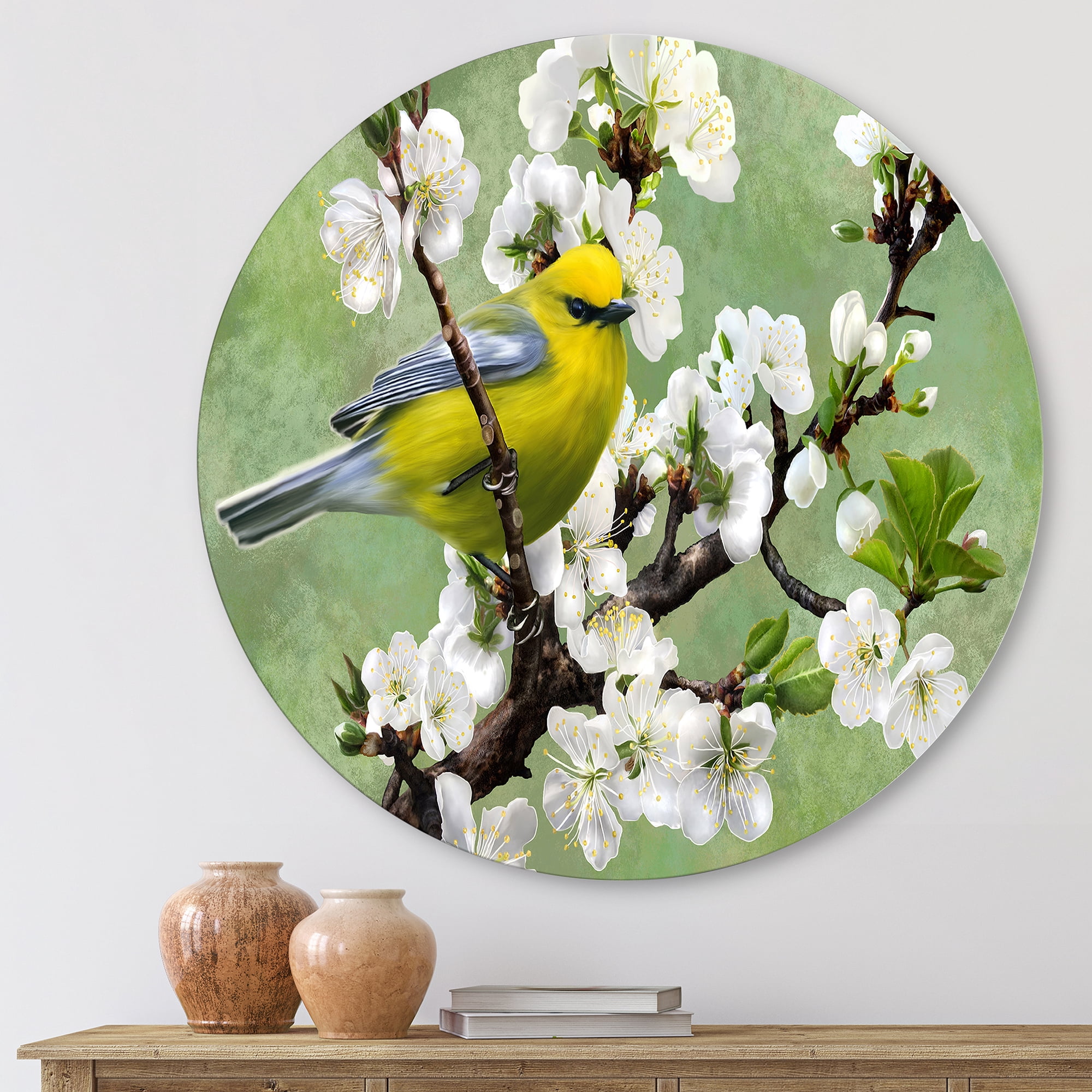 Designart 'Bird Sitting On A Branch of Cherry' Traditional Circle Metal Wall Art 11x11 - Disc of 11