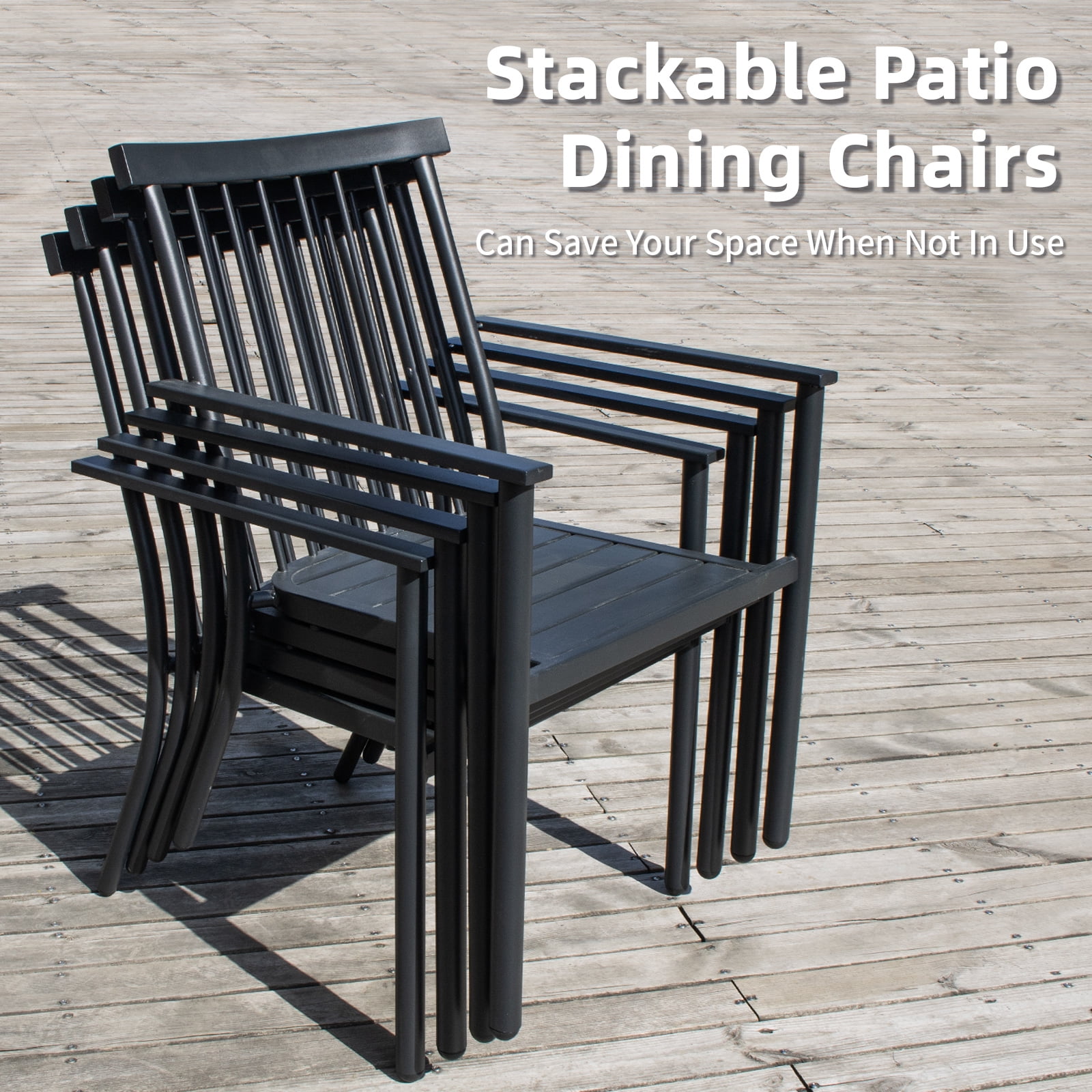 MOONMISS Set of 4 Stackable Wrought Iron Patio Dining Chairs with Cushions,Outdoor Arm Chairs for Porch Lawn Garden Backyard,Black