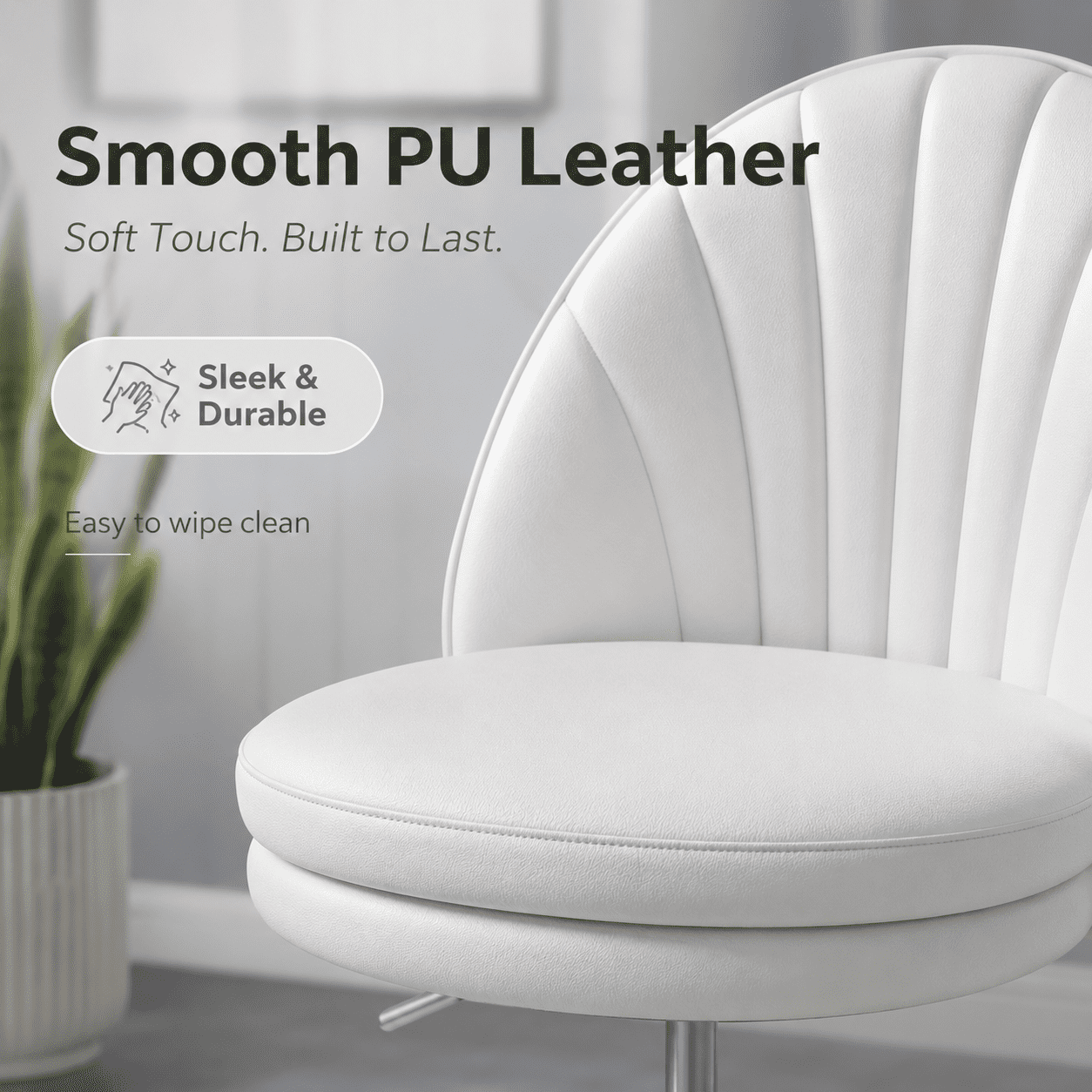 LUCKLIFE Office Desk Chair with Shell Back, 17.7"-23.6" Height Adjustable PU Leather Mid-Back Task Chair, Armless Computer Chair for Home Office, White