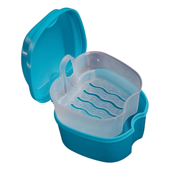 Denture Storage Box with Removable Hanging Net, False Teeth Bath Container for Cleaning Soaking, Portable Denture Case for Travel Home Use, Dental Appliance Holder