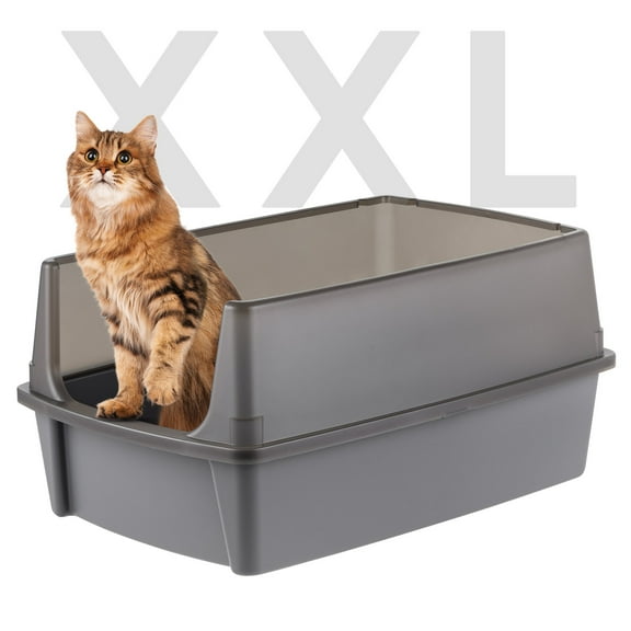 IRIS USA Extra Large Open Top Cat Litter Box with Scatter Shield, Sturdy Easy to Clean Open Air Kitty Litter Pan with Tall Spray, Gray