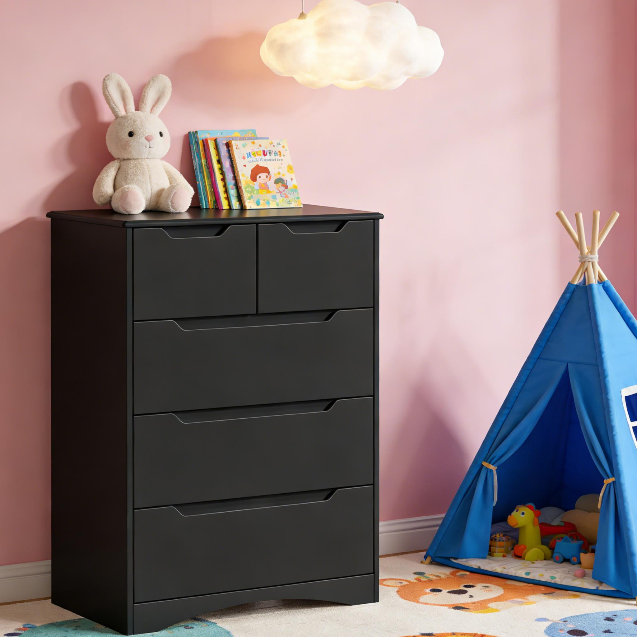5 Drawers Dresser ,Wooden Storage Cabinet with Cutout Handles for Living Room|Hallway|Entryway|Guest Room,Black